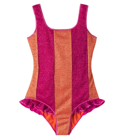 Oseree Oséree Kids Lumière Ruffled Striped Swimsuit In Pink