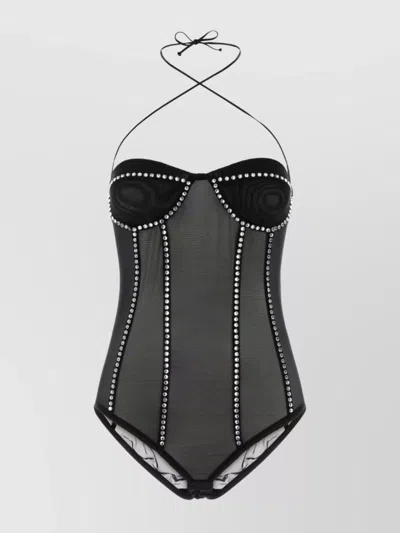 Oseree Black Stretch Mesh Bodysuit