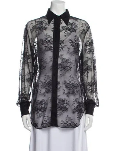 Pre-owned Oseree Lace Pattern Long Sleeve Button-up Top In Black