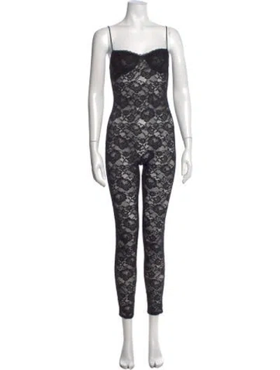 Pre-owned Oseree Lace Pattern Square Neckline Jumpsuit In Black