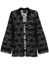 Oseree Floral Lace Buttoned Collar Sheer Shirt In Black