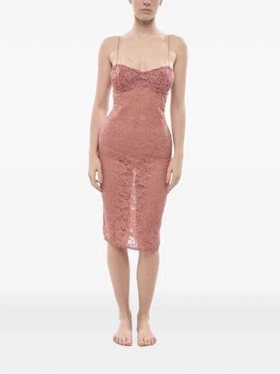 Oseree Lace-overlay Fitted Midi Dress In Pink
