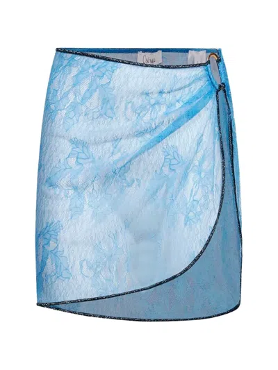 Oseree Lace-overlay Wrap Cover-up Skirt In Blue