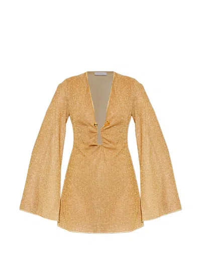 Oseree Long-sleeve Plunging Mini Dress In Gold