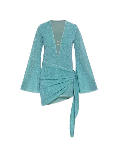 Oseree Long-sleeved Draped-skirt Mini Dress In Blue
