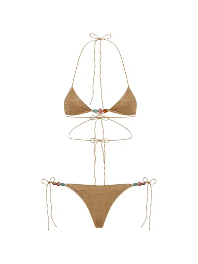 Oseree Lumiere Bead-embellished Bikini In Brown