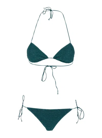 Oseree 'lumiere' Blue Bikini With Triangular Top And Tie Closure In Tech Fabric Woman In Green