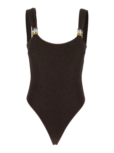 Oseree Lumiere Brown One-piece Swimsuit With Metal Ring Details On The Straps In Tech Fabric Woman