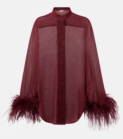 Oseree Oséree Lumière Feather-trimmed Shirt In Burgundy