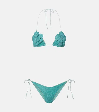 Oseree Oséree Lumière Floral-appliqué Lamé Bikini In Blue