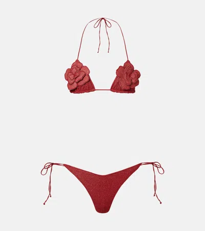 Oseree Oséree Lumière Floral-appliqué Lamé Bikini In Red