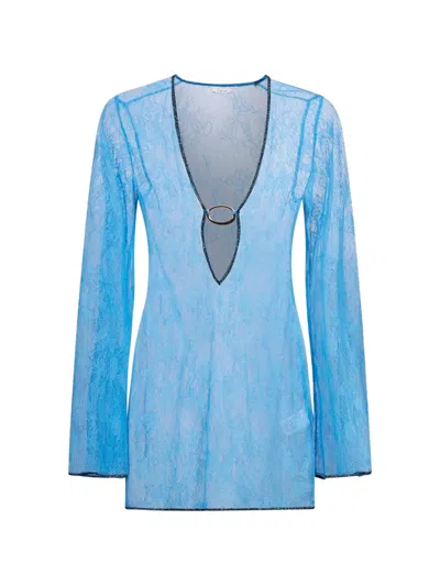 Oseree Lumière Floral-lace Ring-detail Mini Dress In Blue