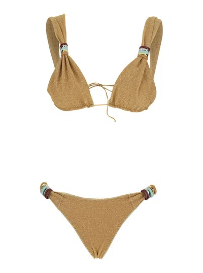 Oseree Lumiere Gold Colored Bikini With Metal Ring Details And Tie Closure In Tech Fabric Woman In Silver