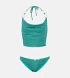 Oseree Lumière O Gem Embellished Metallic Halterneck Bikini In Blue