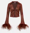Oseree Oséree Lumière Plumage Feather-trimmed Blouse In Brown