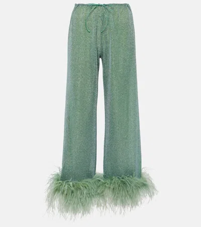 Oseree Oséree Lumière Plumage Feather-trimmed Lamé Pants In Green