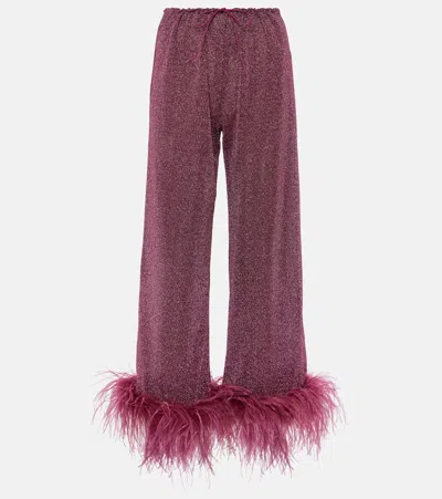 OSEREE OSÉREE LUMIÈRE PLUMAGE FEATHER-TRIMMED LAMÉ PANTS