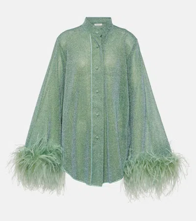 Oseree Oséree Lumière Plumage Feather-trimmed Lamé Shirt In Green