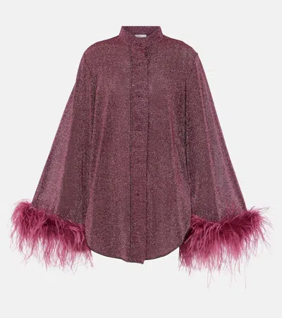 Oseree Lumière Plumage Feather-trimmed Lamé Shirt In Purple