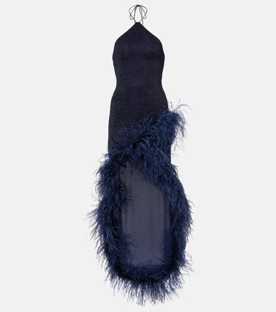 Oseree Oséree Feathers Trim Lurex Detailed Asymmetric Midi Dress In Blue