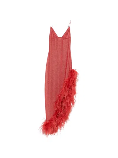 Oseree Lumière Plumage Feather-trim Asymmetric Dress In Red