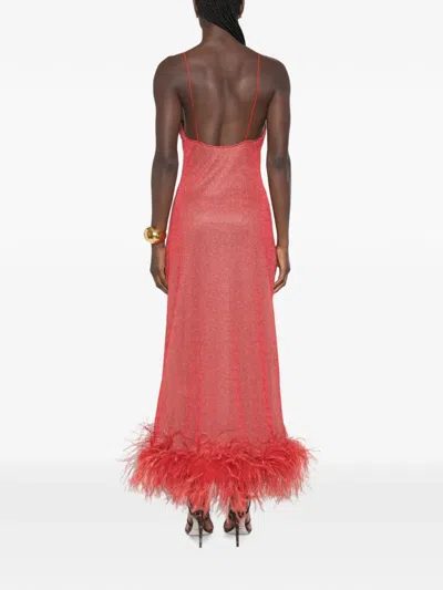 Oseree Lumière Plumage Feather-trim Maxi Dress In Red