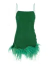OSEREE 'LUMIERE PLUMAGE' GREEN SLEEVELESS SLIP DRESS WITH TONAL FEATHERED HEM IN TECH FABRIC STRETCH WOMAN