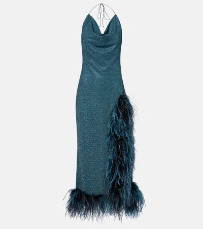 Oseree Oséree Lumière Plumage Halterneck Midi Dress In Blue