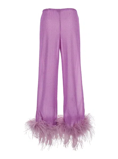 Oseree 'lumière Plumage' Violet Pants With Feathers And Drawstring In Polyamide Blend Woman In Pink
