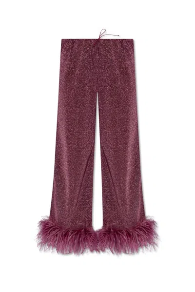 Oseree Lumière Plumage Feather-trimmed Lamé Pants In Purple