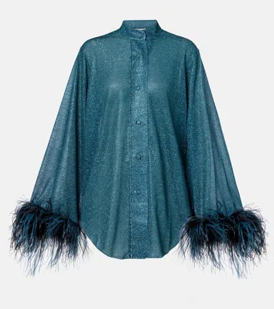 Oseree Lumiere Plumage Feather-trim Shirt In Green
