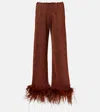 Oseree Oséree Lumière Plumage Feather-trimmed Straight Pants In Brown