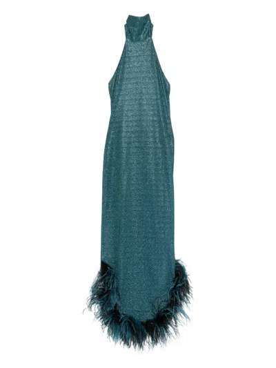 Oseree Lumiere Plumage Turtleneck Long Dress In Blue