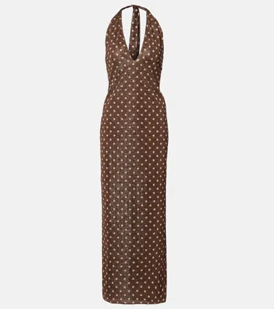 Oseree Oséree Lumière Polka-dot Halterneck Maxi Dress In Brown