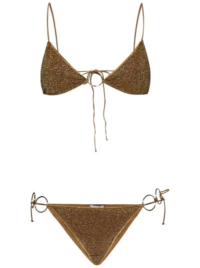 Oseree Micro Bikini In Caramel-colored Lamé Fabric In Brown