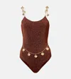 Oseree Oséree Lumière Shells Embellished Swimsuit In Brown
