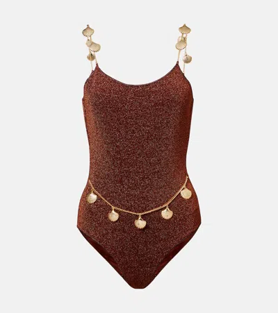 Oseree Oséree Lumière Shells Embellished Swimsuit In Brown