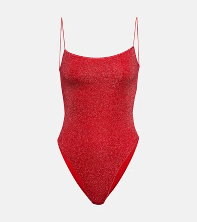Oseree Lumière Square Lamé Swimsuit In Red