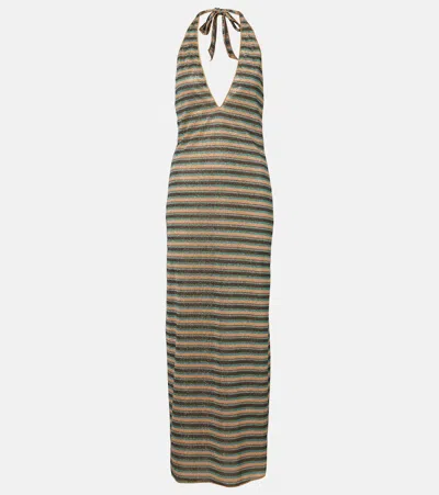 Oseree Oséree Lumière Striped Halterneck Maxi Dress In Brown