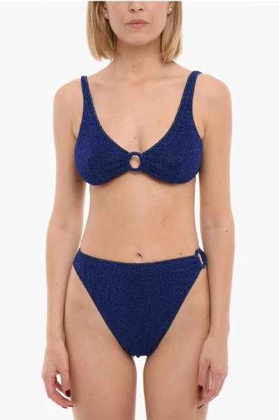Oseree Lurex High Cut Sporty '90 Bikini With Decorative Ring In Blue