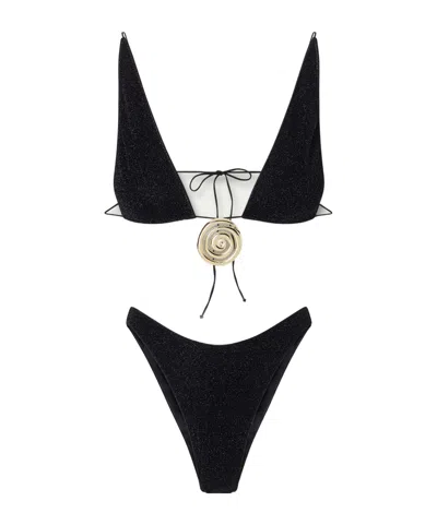 Oseree Lumière Spiral Embellished Lurex Bikini In Black
