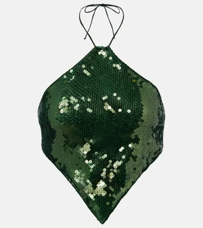 Oseree Marylin Sequined Halterneck Crop Top In Green