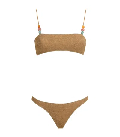 Oseree Oséree Metallic Beaded Bandeau Bikini In Brown