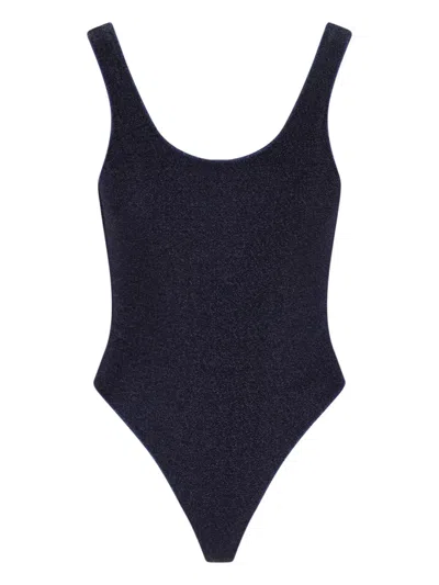 Oseree Metallic Sheen Slip Dress With Stretch Lining In Blue