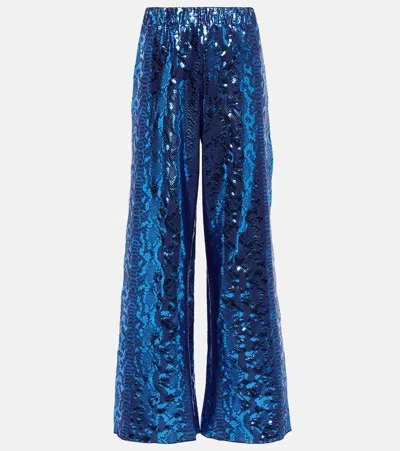 Oseree Metallic Snake-print Wide-leg Pants In Blue