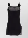 Oseree Mini Dress With Asymmetric Hem And Floral Embellishments In Black