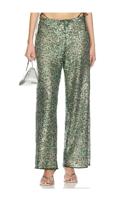 Oseree Netquins Sequin-embellished Open-knit Wide-leg Pants In 金属质感绿