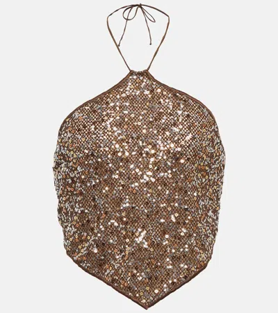 Oseree Netquins Sequined Halterneck Top In Brown
