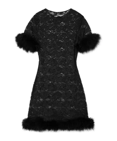Oseree Feather-trimmed Corded Lace Mini Dress In Black