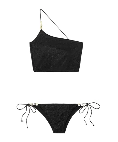 Oseree One-shoulder Embellished Metallic Bikini In Black